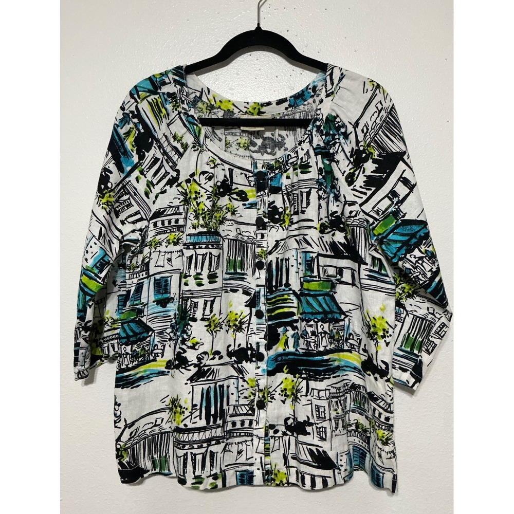 Lantana‎ Casual Linen Button Front Top Women's Small Cityscape Print 3/4 Sleeve